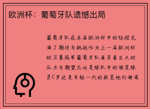 欧洲杯：葡萄牙队遗憾出局
