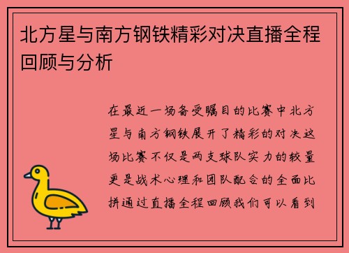 北方星与南方钢铁精彩对决直播全程回顾与分析
