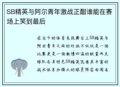 SB精英与阿尔青年激战正酣谁能在赛场上笑到最后