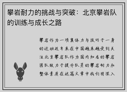 攀岩耐力的挑战与突破：北京攀岩队的训练与成长之路